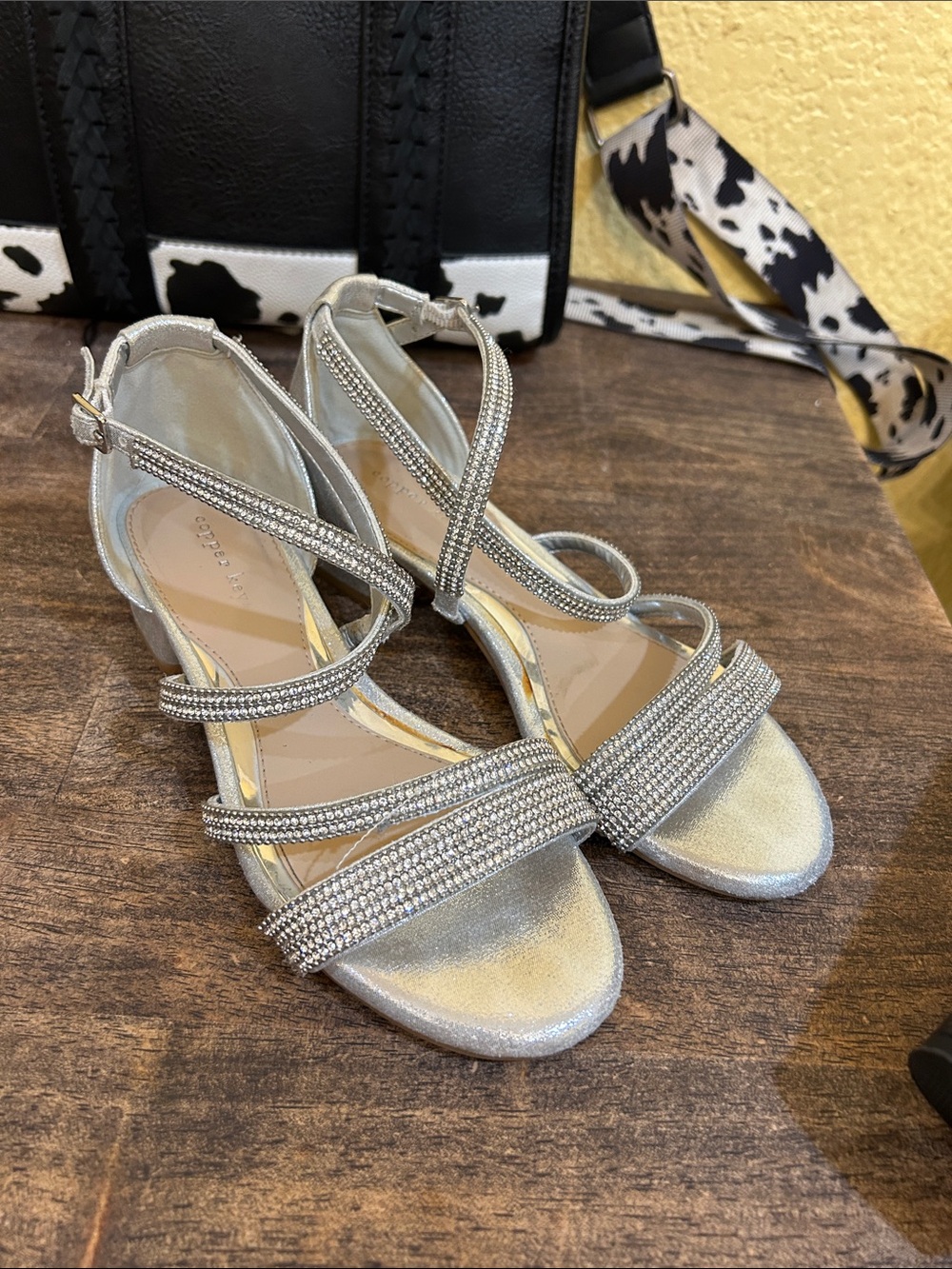 Copper Key Silver Rhinestone Strappy Heels